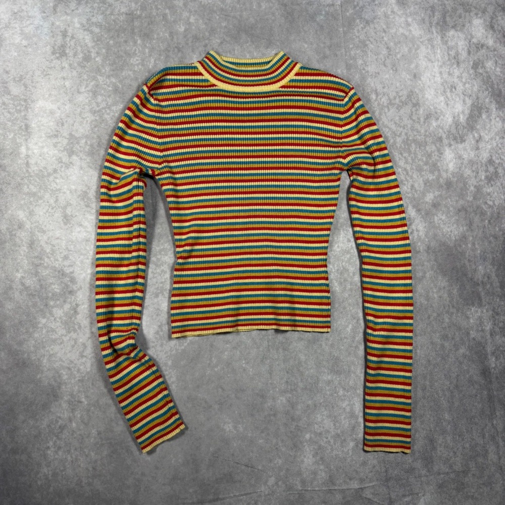 Arizona Jean Co Womens M Ribbed Mock Neck Striped Long Sleeve Crop Top Retro